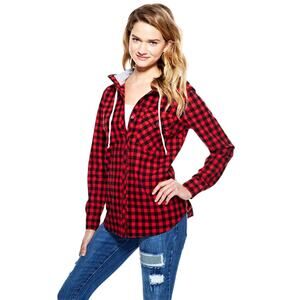 delia*s Women Plaid Shirt with hood Sz. Medium EUC BLK/Red Comfort layering Y2k